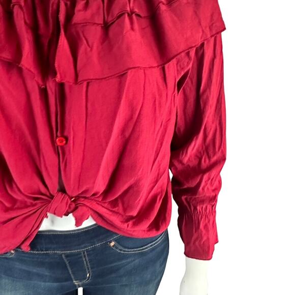 Elliott & Vine Womans Sz 2X Plus Blouse Maroon Ruffle Knotted Button Front - Picture 2 of 7